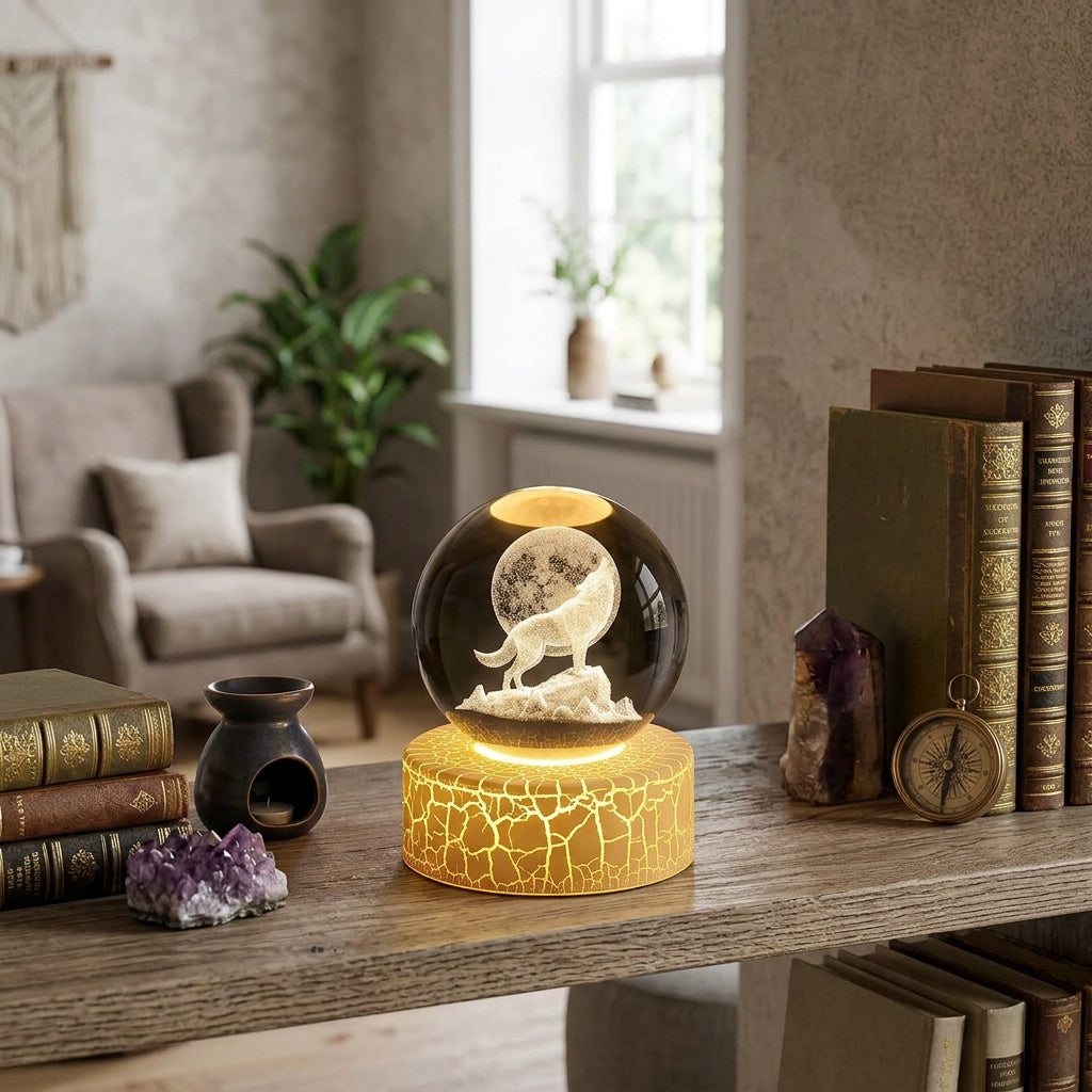 Crystal Moon and Wolf Figurine
