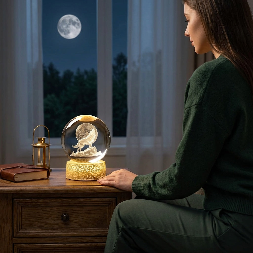 Crystal Moon and Wolf Figurine